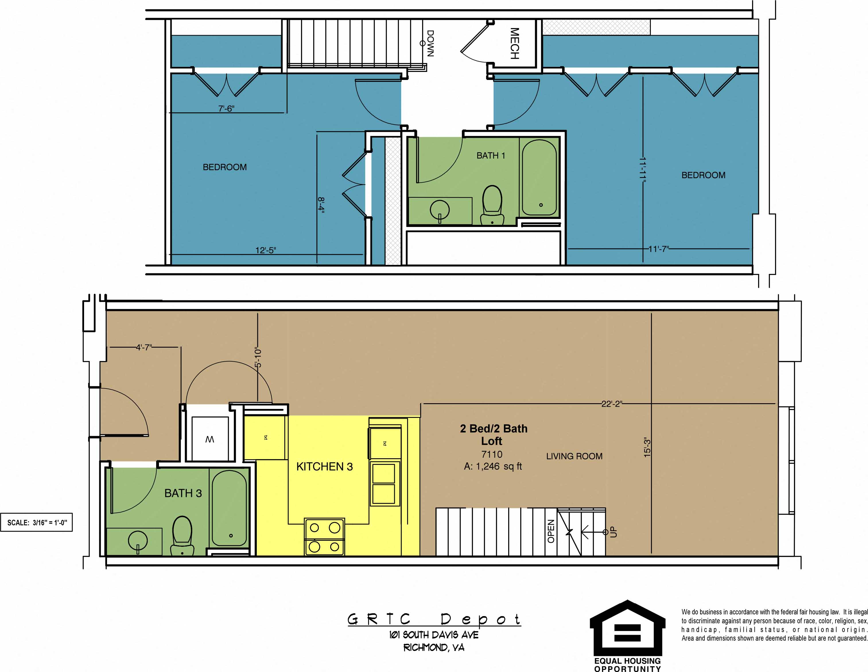 Floor plan for 2 beds, 2 baths, 1246 sqft